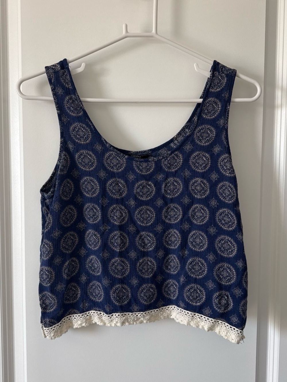 Forever 21 Navy Medallion Crochet-Hem Tank